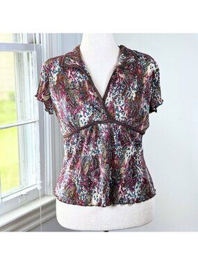 Vintage 90s CDW Crinkle Brown Babydoll Tee XL Paisley Top Lettuce Hem Boho Chic